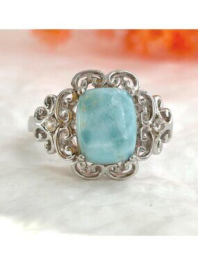 Larimar Gemstone Filigree Style Framed Sterling Silver 925 Vintage Ring - sz 7